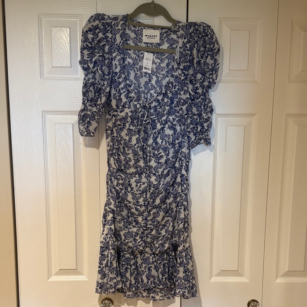 Elegant Isabel Marant Floral Midi Dress in Blue and White
